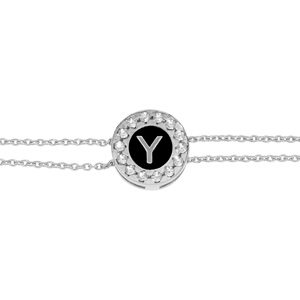 Bracelet en argent rhodi double chane pastille ronde recto initiale Y verso noir avec contour oxydes blancs sertis 16+3cm - Vue 3