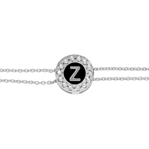 Bracelet en argent rhodi double chane pastille ronde recto initiale Z verso noir avec contour oxydes blancs sertis 16+3cm - Vue 3