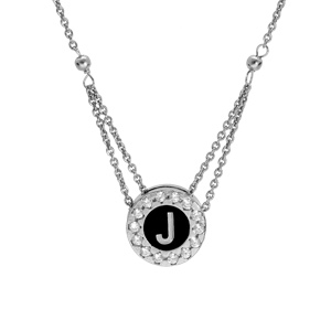 Collier en argent rhodi chane avec pendentif rond initiale J recto fond blanc et verso noire avec contour oxydes blancs sertis 40+5cm - Vue 3