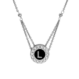 Collier en argent rhodi chane avec pendentif rond initiale L recto fond blanc et verso noire avec contour oxydes blancs sertis 40+5cm - Vue 3