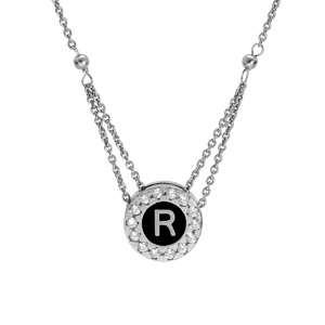 Collier en argent rhodi chane avec pendentif rond initiale R recto fond blanc et verso noire avec contour oxydes blancs sertis 40+5cm - Vue 3