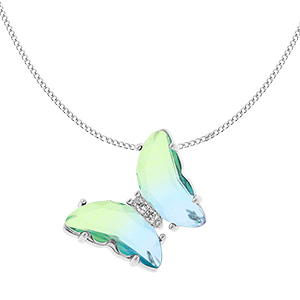 Collier en argent rhodi papillon 20x15mm verre dgrad bleu vert et orn d\'oxydes blancs sertis - 42+3cm - Vue 3