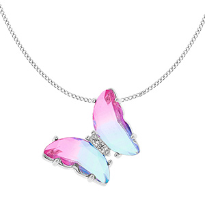 Collier en argent rhodi papillon 20x15mm verre dgrad rose et orn d\'oxydes blancs sertis - 42+3cm - Vue 3
