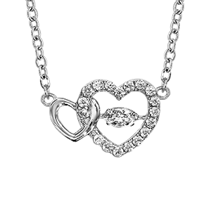 Collier Dancing Stone en argent rhodié chaîne avec pendentif 2 coeurs, 1 lisse et l\'autre orné d\'oxydes blancs sertis - longueur 41cm + 3cm de rallonge - Vue 3