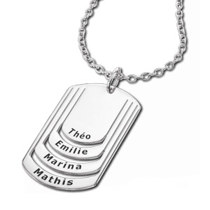 Collier en argent chaîne avec pendentif plaque G.I. à graver 4 prénoms - longueur 50cm + 5cm - Vue 3