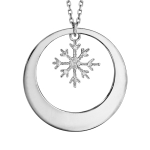 Collier en argent rhodi chane avec pendentif anneau prnom  graver et flocon de neige suspendu - longueur 42cm + 3cm de rallonge - Vue 3