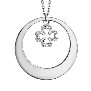 Collier en argent rhodi chane avec pendentif anneau prnom  graver et trfle  4 feuilles suspendu - longueur 42cm + 3cm de rallonge - Vue 3