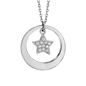 Collier en argent rhodi chane avec pendentif anneau prnom  graver et toile pave d\'oxydes blancs sertis suspendu - longueur 40cm + 5cm de rallonge - Vue 3