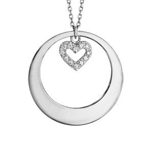 Collier en argent rhodi chane avec pendentif anneau prnom  graver et coeur d\'oxydes blancs suspendu - longueur 40cm + 5cm de rallonge - Vue 3