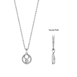 Collier en argent rhodi chane avec pendentif rond oxydes blancs sertis et 1 oxyde blanc serti clos 42cm + 3cm - Vue 3