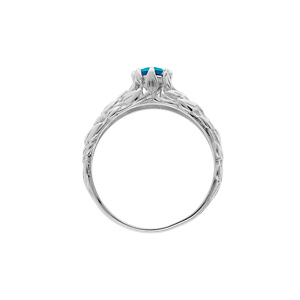 Bague en argent rhodi solitaire 5mm en oxyde bleu et feuillage - Vue 3