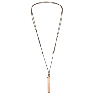 Collier avec pendentif tube rectangulaire en acier rose satiné 6mm personnalisable et cordon marron réglable - Vue 3