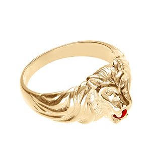 Chevalière lion en vermeil petit modèle avec oxyde rouge entre les dents - Vue 3