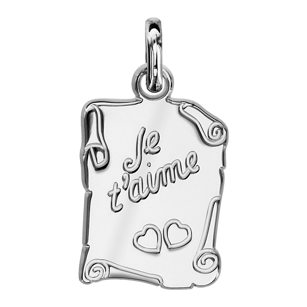 Pendentif en argent parchemin gravé « Je t&rsquo;aime » et 2 coeurs