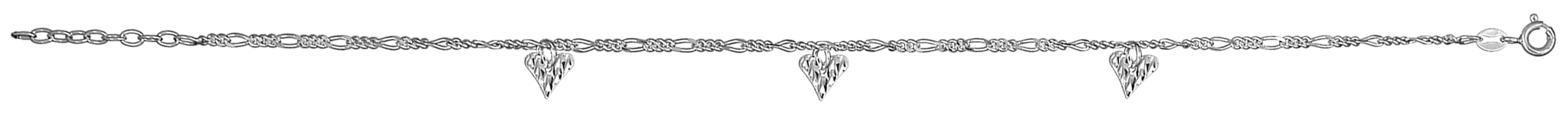 Chaîne de cheville en argent mailles 1+3 avec 3 pampilles coeurs martelés – longueur 23cm + 2cm de rallonge
