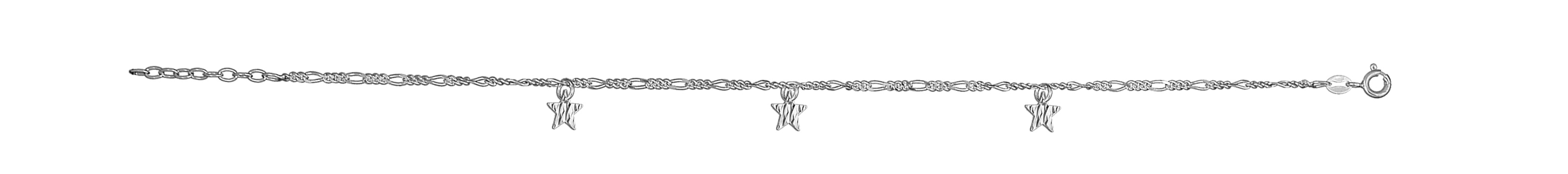 Chaîne de cheville en argent mailles 1+3 avec 3 pampilles étoiles martelées – longueur 23cm + 2cm de rallonge