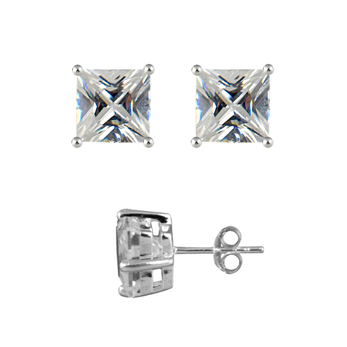 Boucles d’oreilles en Argent rhodié oxyde carré blanc serti 4 griffes grand modèle et fermoir poussette