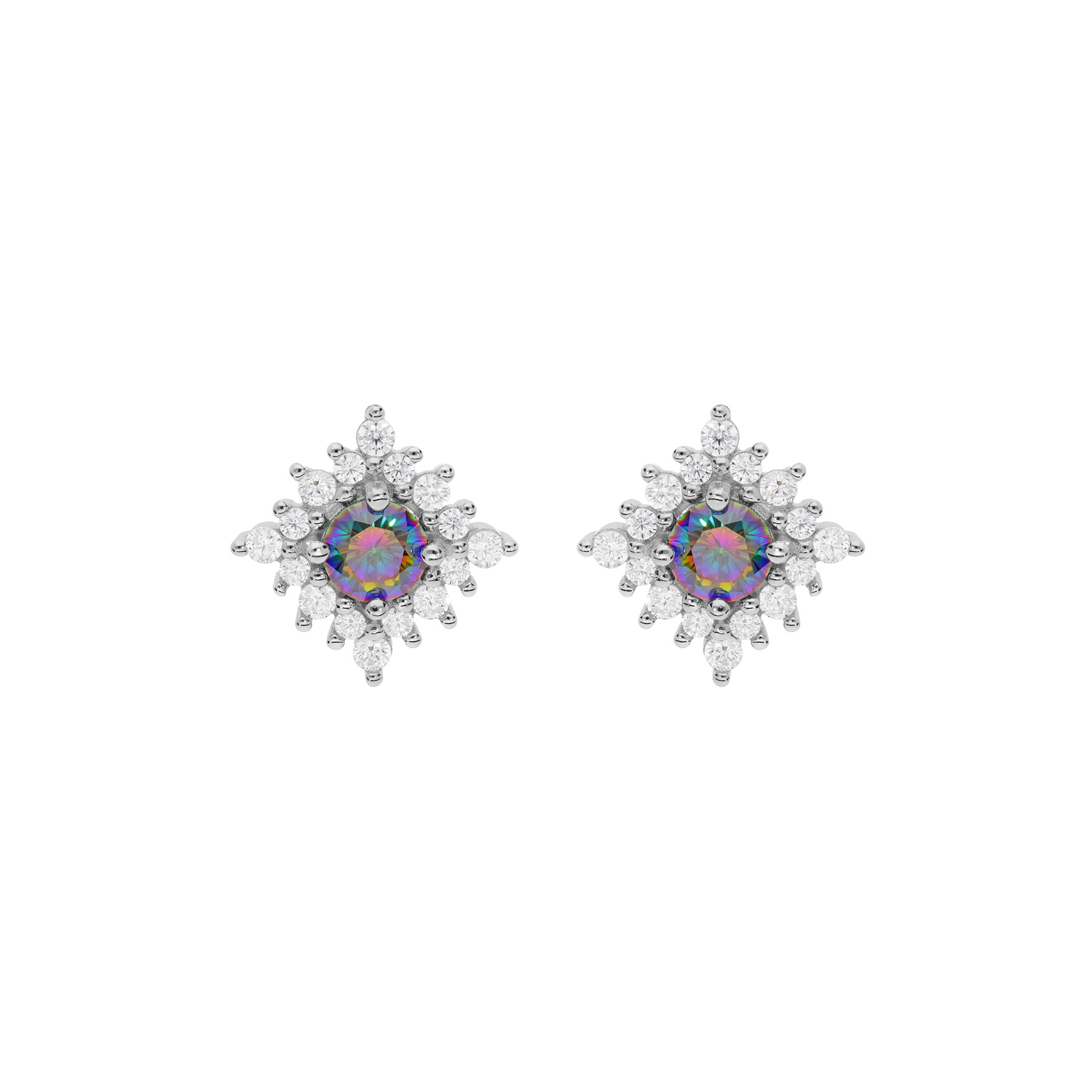 Boucles d&rsquo;oreille en argent rhodié flocon avec oxyde arc en ciel mystique et oxydes blancs et fermoir poussette
