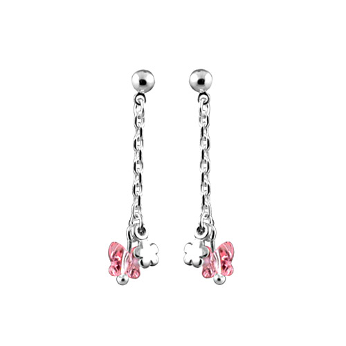Boucles d&rsquo;oreilles pendantes en argent petite chaînette avec pampilles papillon en oxyde rose et petite fleur et fermoir poussette