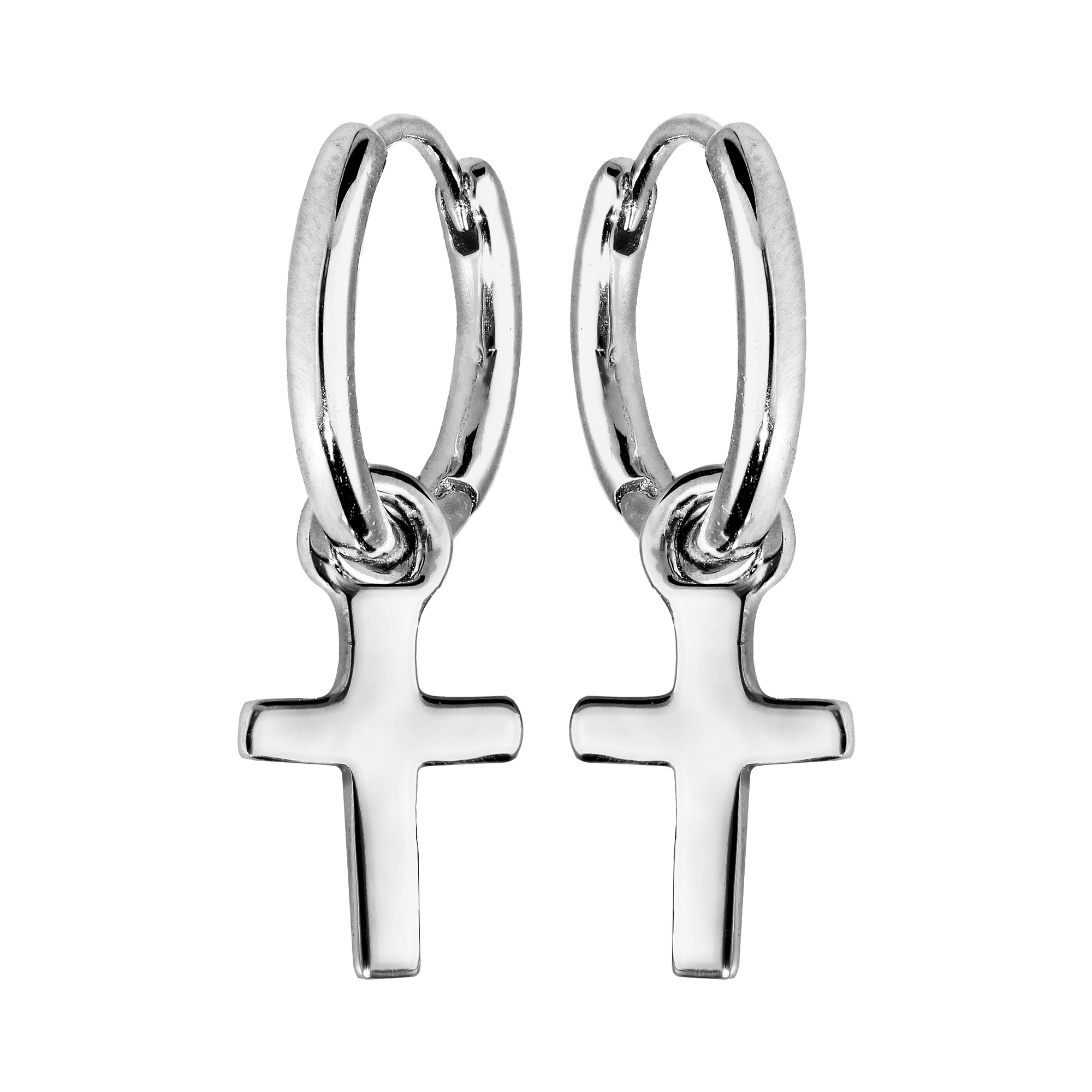 Créoles en argent rhodié avec pampille croix