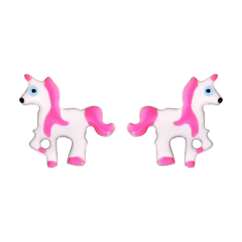 Boucles d’oreille pour enfant en argent rhodié licorne blanche et rose et fermoir poussette