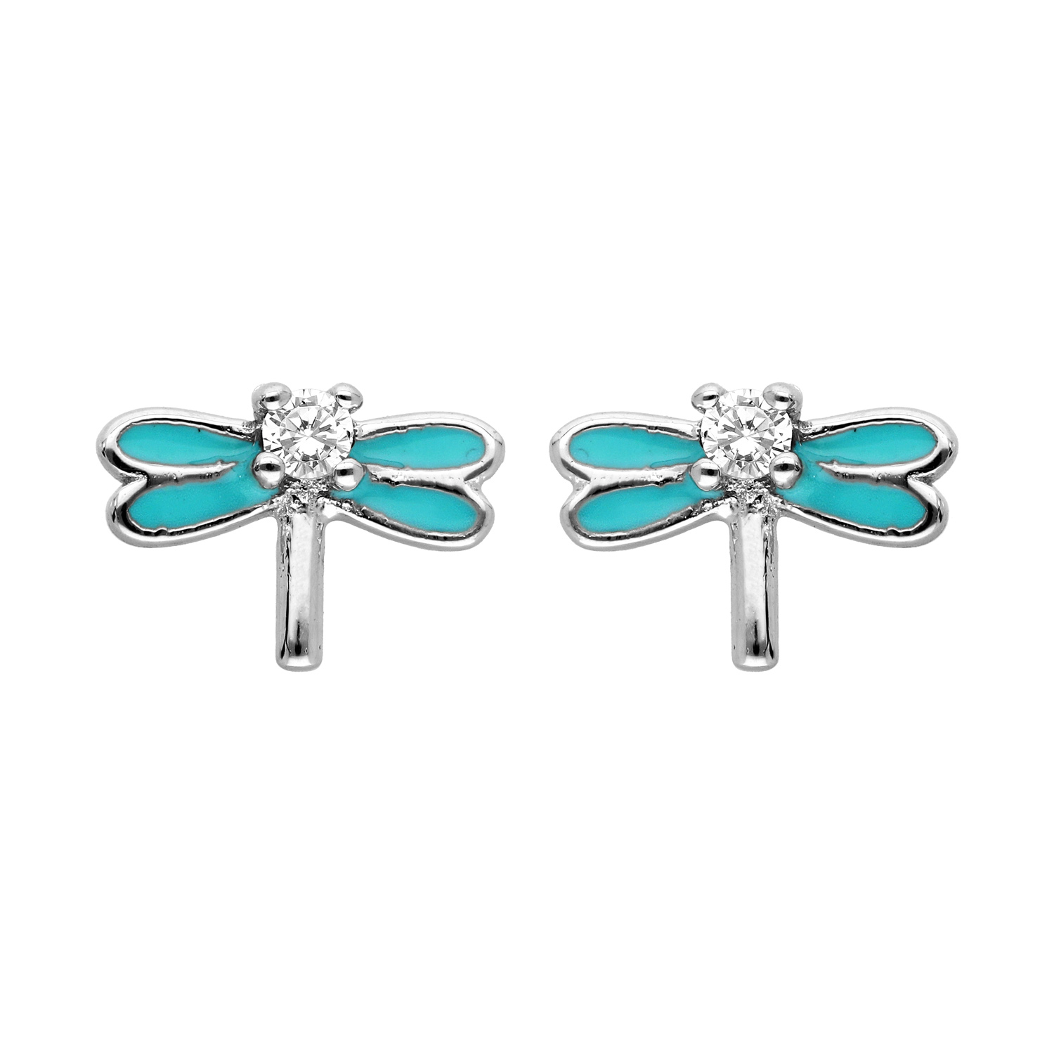 Boucles d’oreille en argent rhodié libellule turquoise et oxydes blancs sertis et fermoir poussette