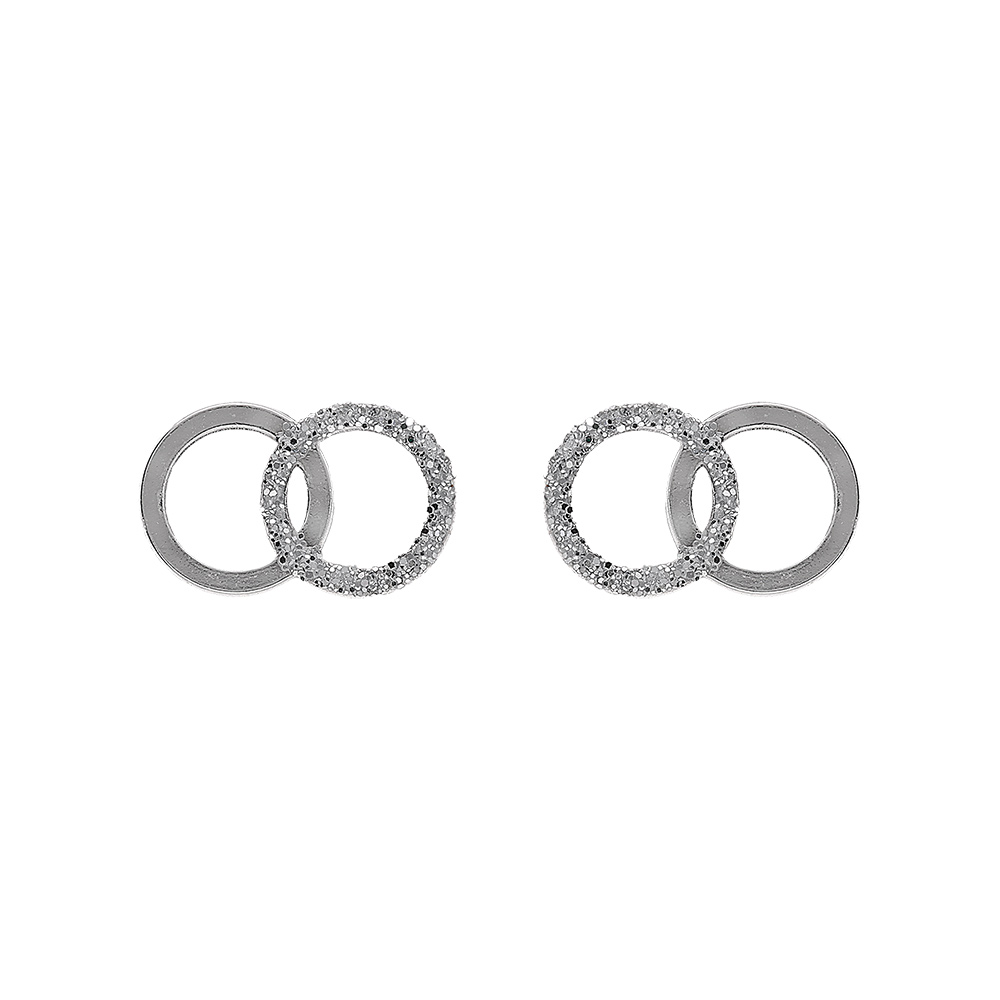 Boucles d’oreille tige argent rhodié 2 cercles entrelacés lisse et givré