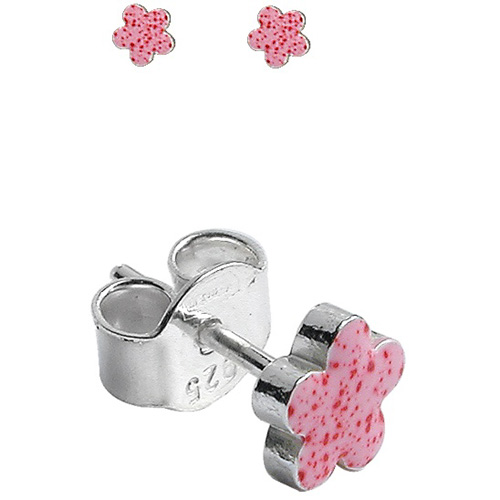 Boucles d’oreilles pour enfant en argent fleur rose et points rouges