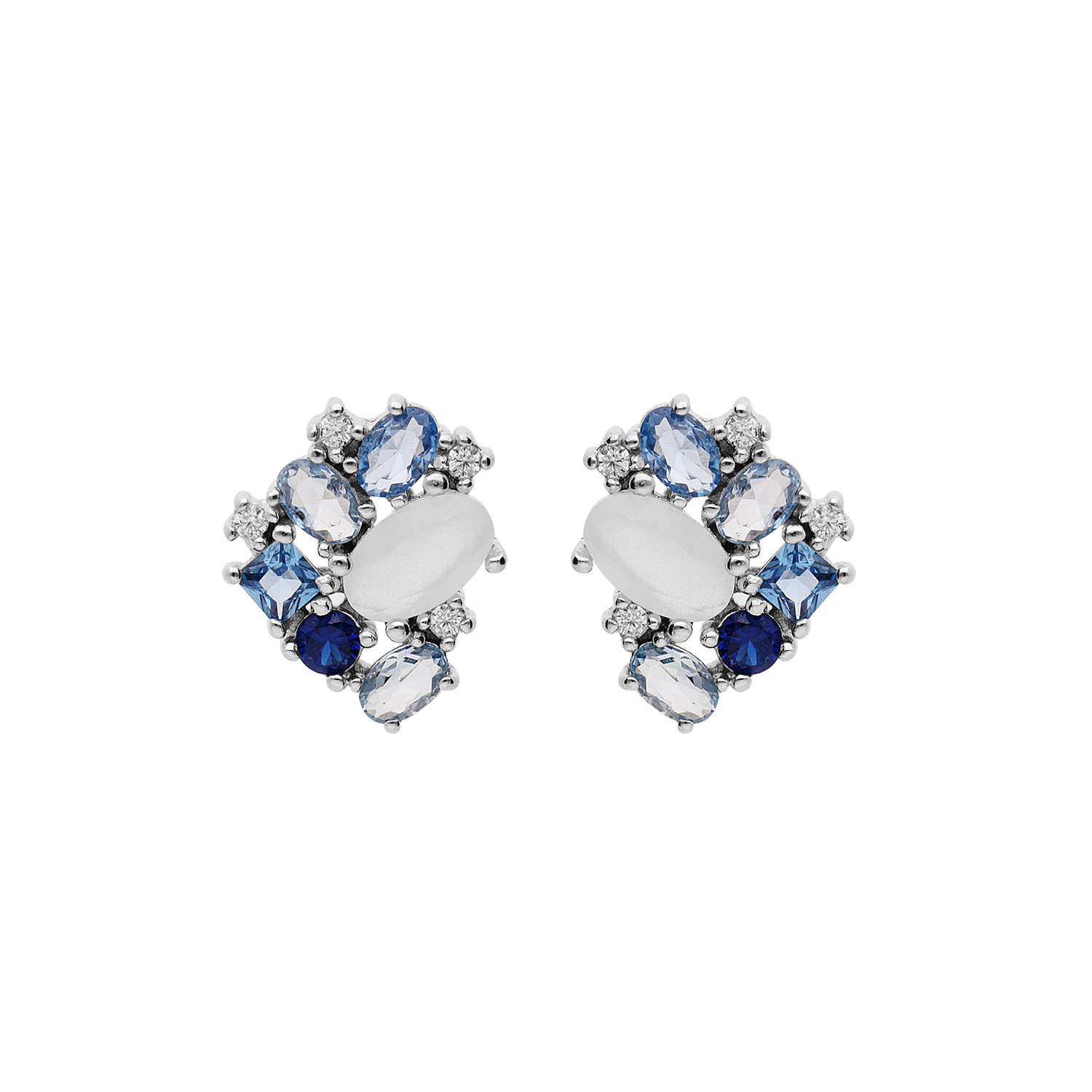 Boucles d&rsquo;oreille en argent rhodié géométrie d&rsquo;oxydes bleus et blancs et fermoir poussette