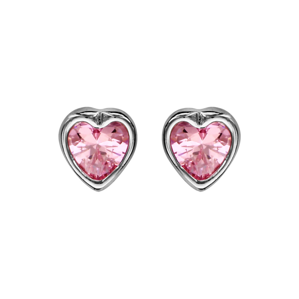 Boucles d’oreilles en argent rhodié coeur en oxyde rose serti clos et fermoir poussette