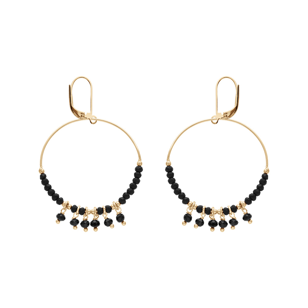 Boucles d’oreille en argent et dorure jaune anneau suspendu 35mm boules lisses et noires pampilles noires facettées et fermoir dormeuse