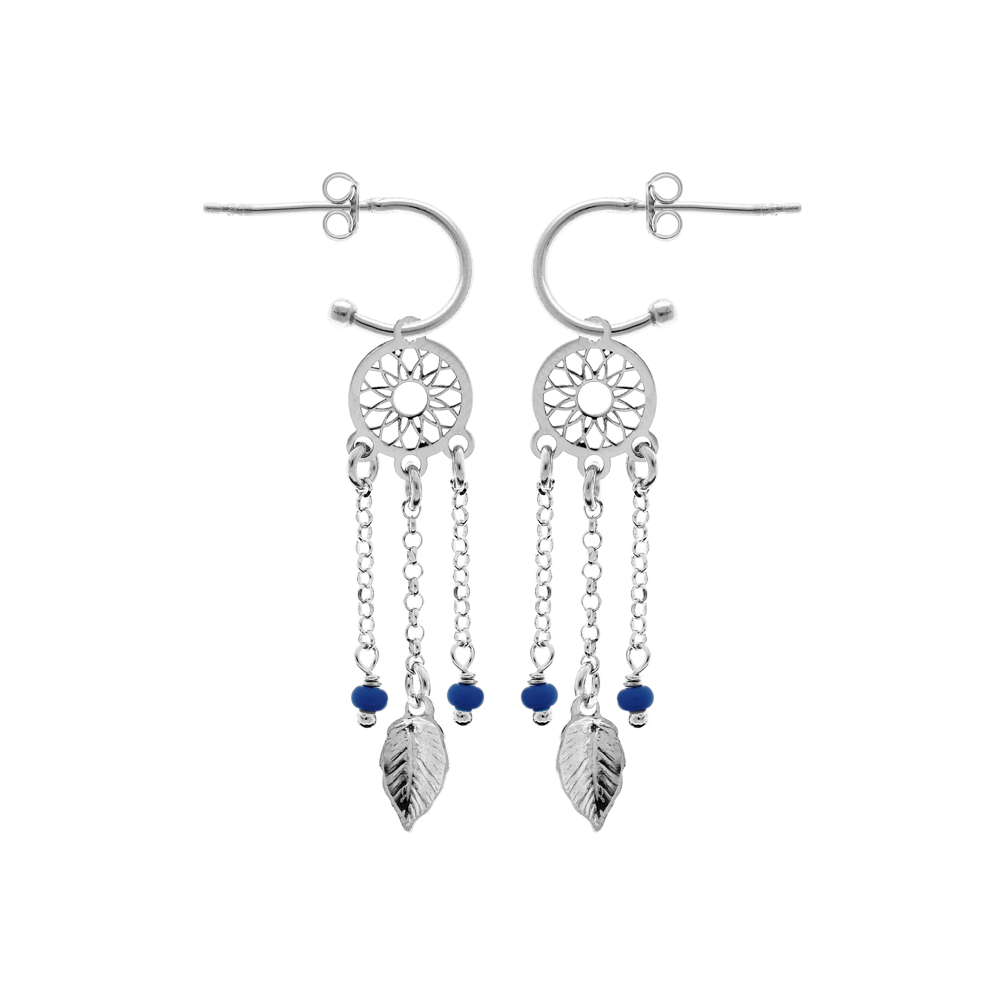 Boucles d&rsquo;oreille en argent rhodié demi-créole attrape rêve avec boules bleu foncé et fermoir poussette