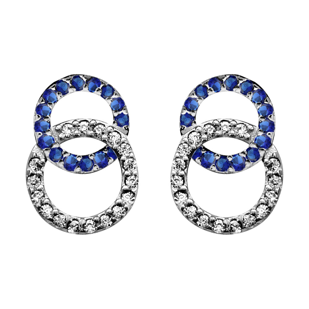 Boucles d’oreilles en argent rhodié collection joaillerie 2 cercles emmaillés, 1 petit en oxydes bleus et 1 en oxydes blancs et fermoir poussette