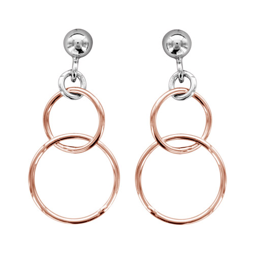 Boucles d’oreilles pendantes en argent rhodié et dorure rose anneaux suspendus 2 tons et fermoir poussette