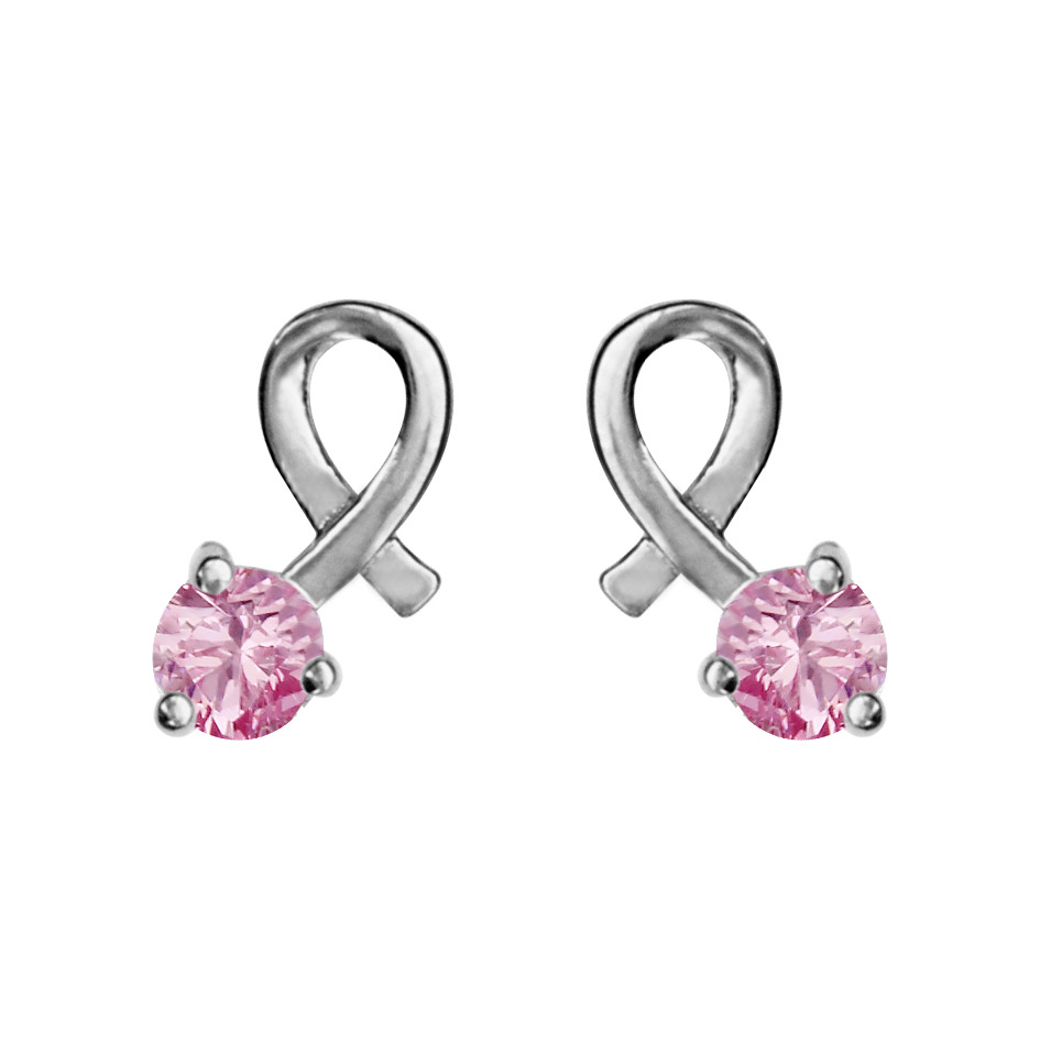 Boucles d’oreilles en argent rhodié ruban noué avec 1 oxyde rond rose serti à l’extrémité et fermoir poussette