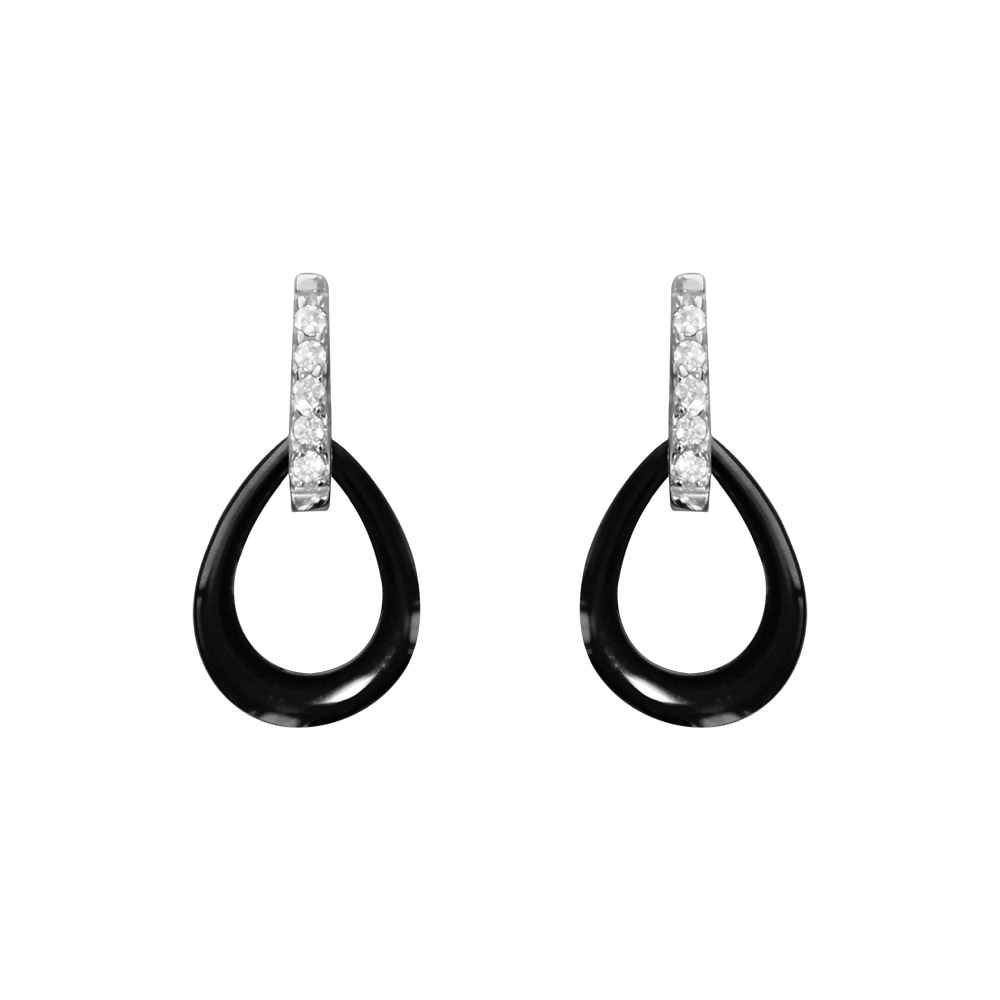Boucles d&rsquo;oreilles en argent rhodié pendantes ovale céramique noires et oxydes blancs fermoir poussette
