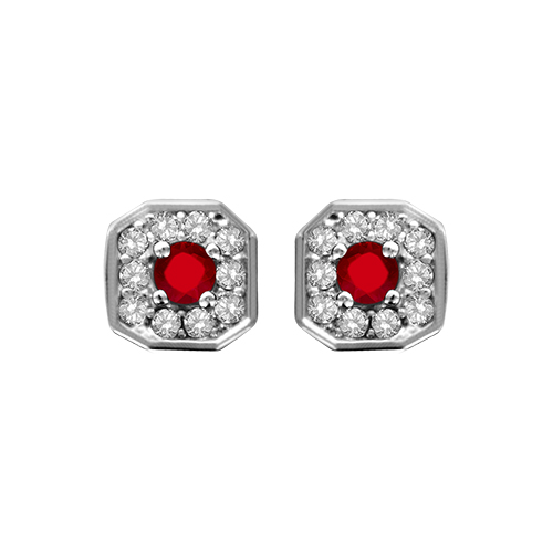 Boucles d&rsquo;oreilles en Argent rhodié collection joaillerie carré biseauté et oxydes sertis blancs avec coeur en oxyde rougeu et fermoir poussette