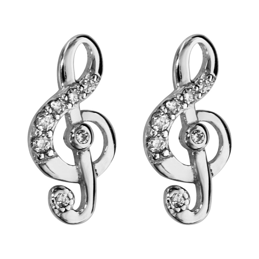 Boucles d’oreilles en argent rhodié clef de sol ornée d’oxydes blancs sertis et fermoir poussette