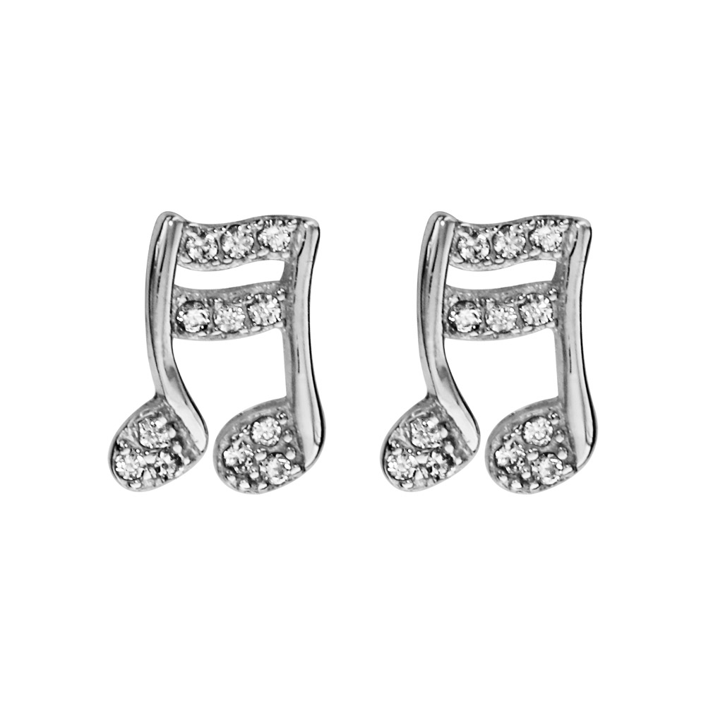 Boucles d’oreilles en argent rhodié note de musique ajourée ornée d’oxydes blancs sertis et fermoir poussette