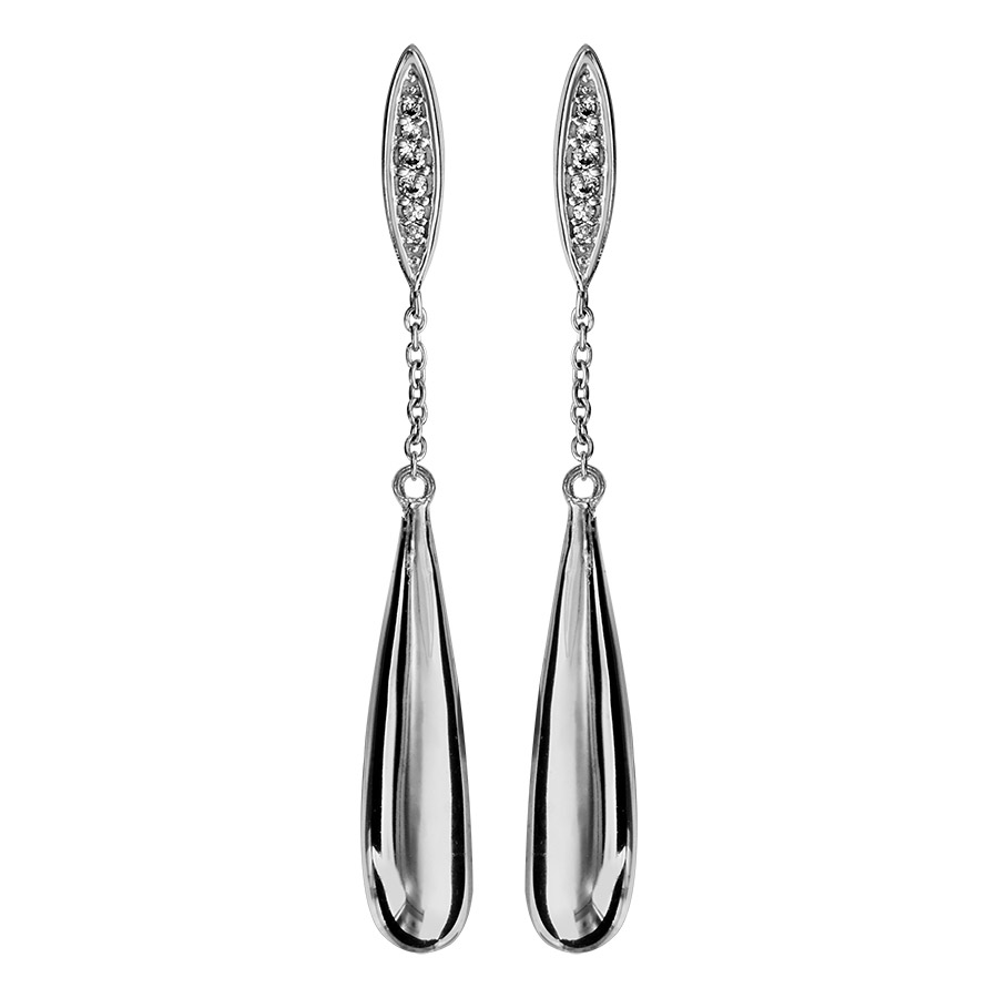 Boucles d’oreilles pendantes en argent rhodié avec oxydes blancs goutte lisse suspendue et fermoir poussette