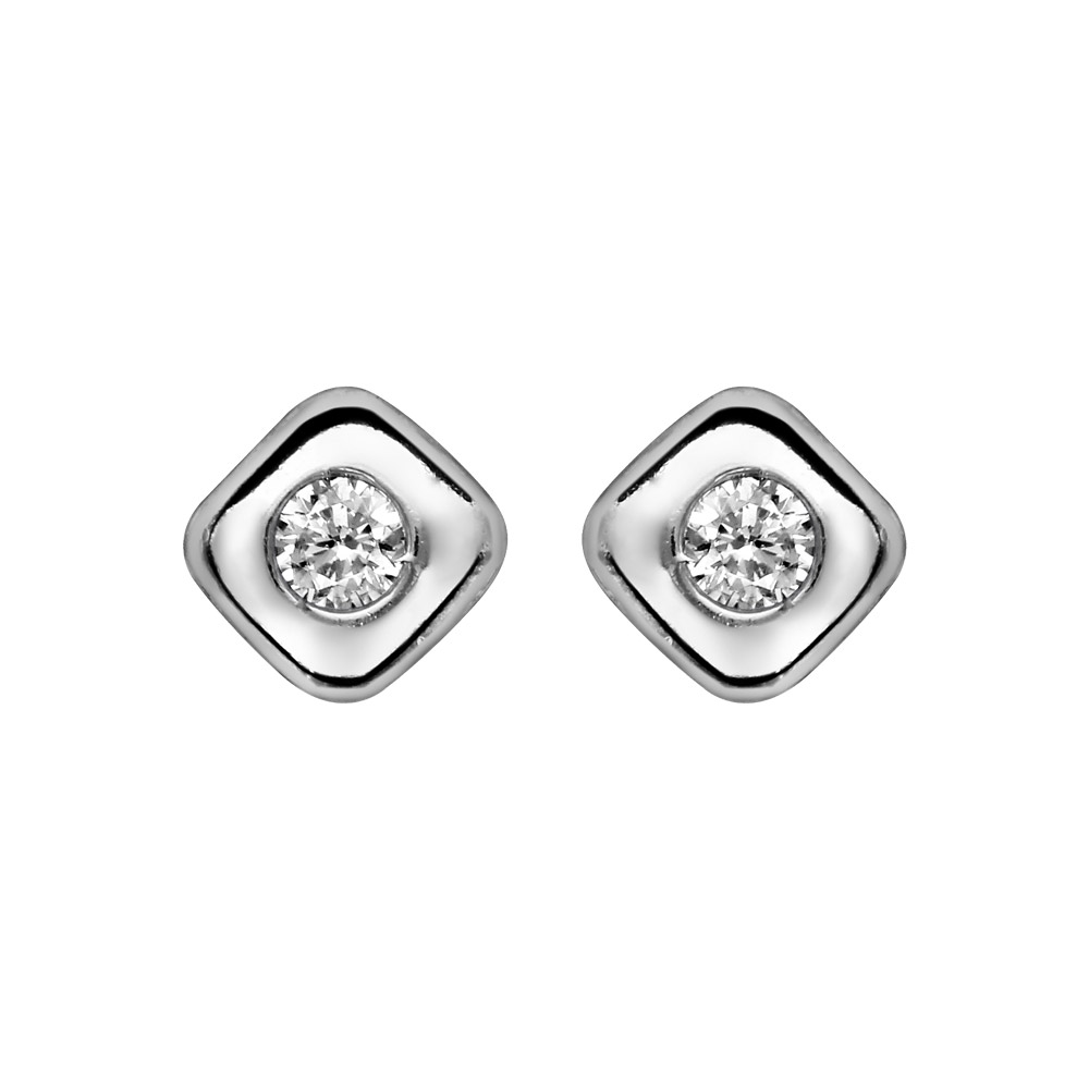 Boucles d’oreilles en argent rhodié carré arrondi avec oxyde blanc serti au centre et fermoir poussette