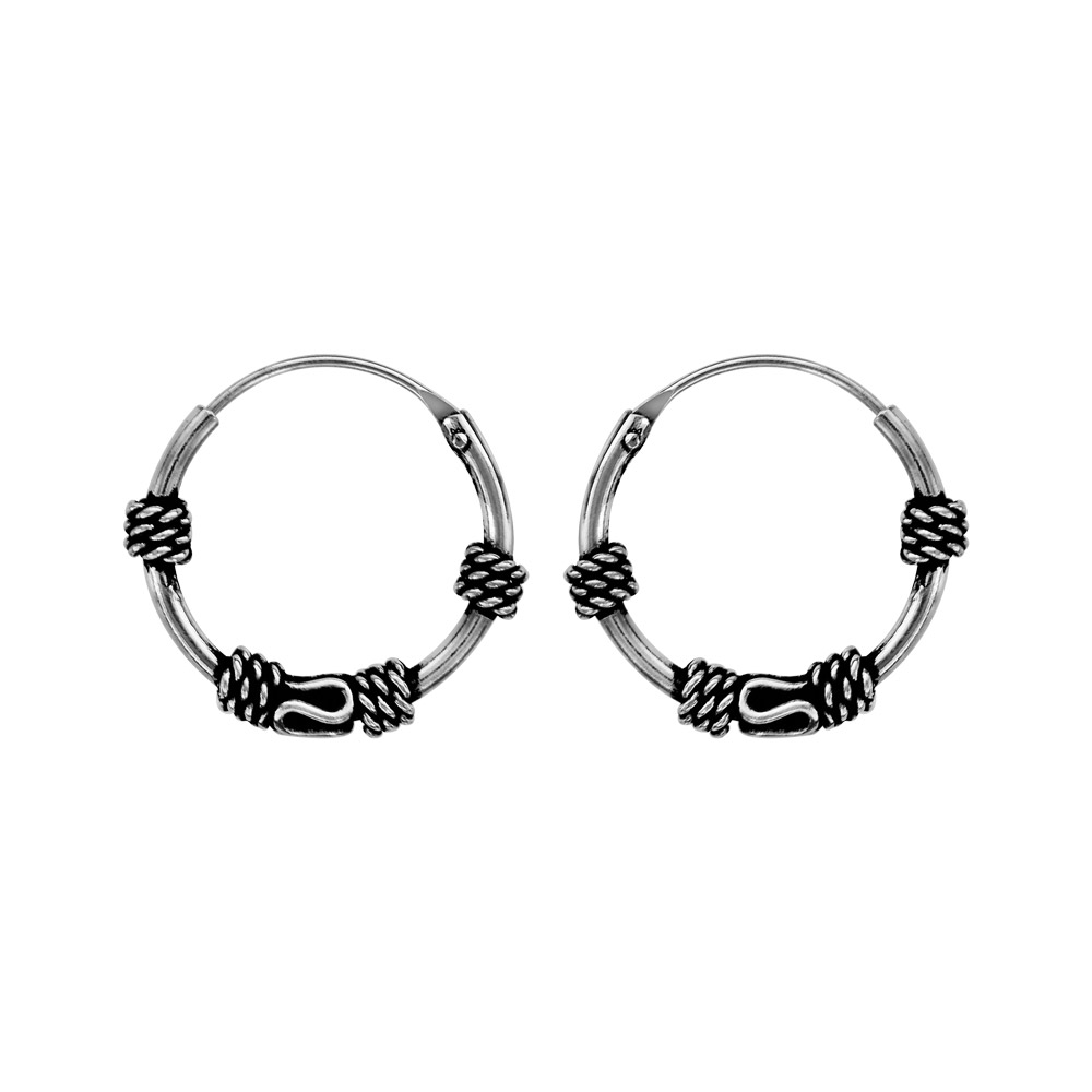 Créoles en argent patiné balinaises avec motifs enroulés, striés et serpentins séparés