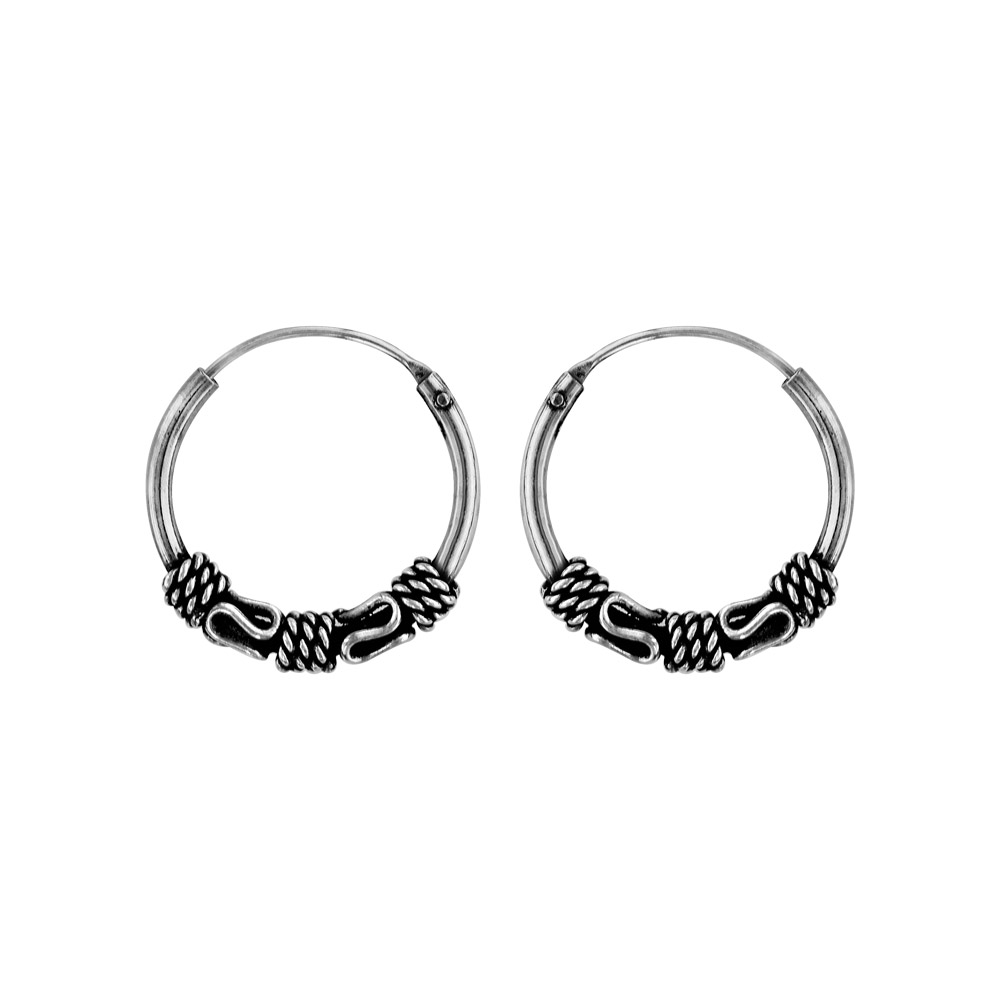 Créoles en argent patiné balinaises avec motifs enroulés, cordages et serpentins