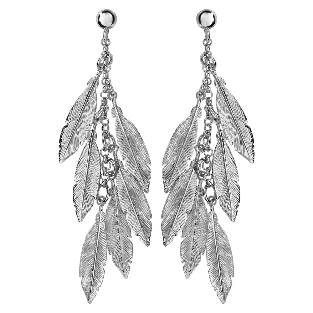 Boucles d’oreilles pendantes en argent rhodié chaînette retenant plumes et fermoir poussette