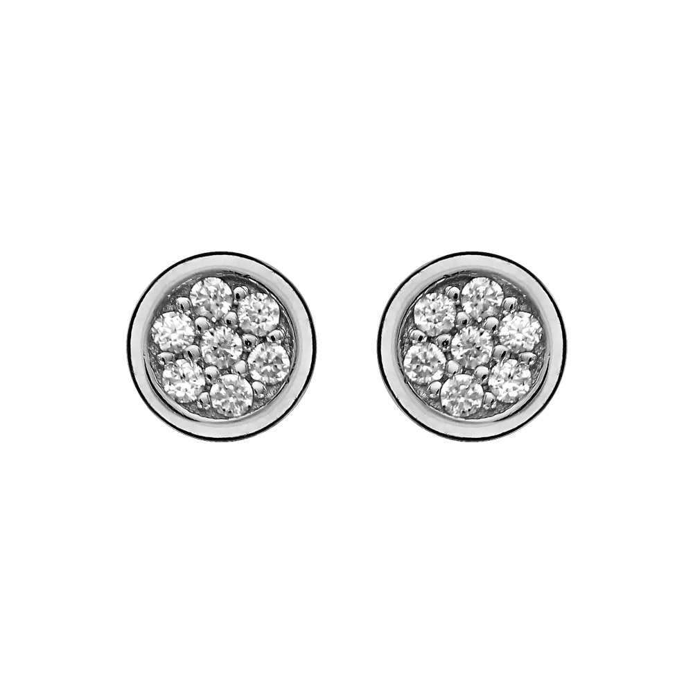 Boucles d&rsquo;oreilles en argent rhodié rond avec fleur d&rsquo;oxydes blancs micro sertis et fermoir poussette