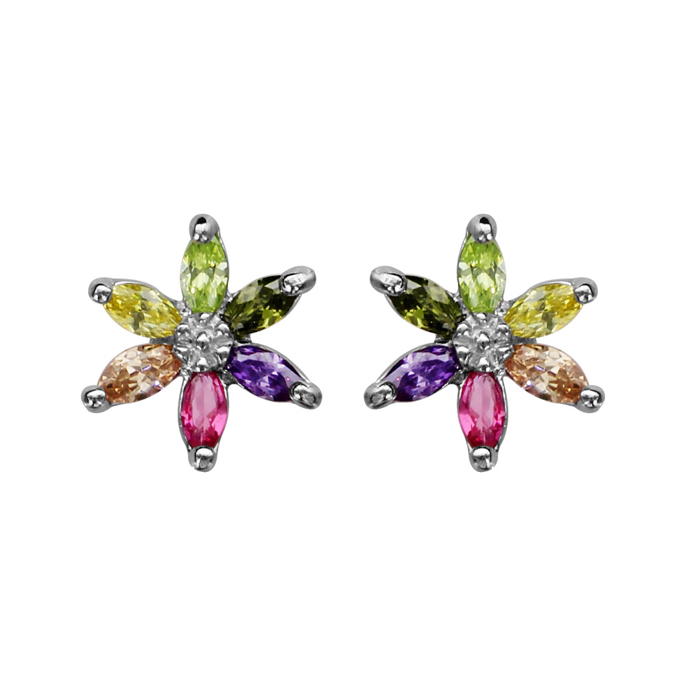 Boucles d’oreilles en argent rhodié marguerite en oxydes multicolores et fermoir poussette