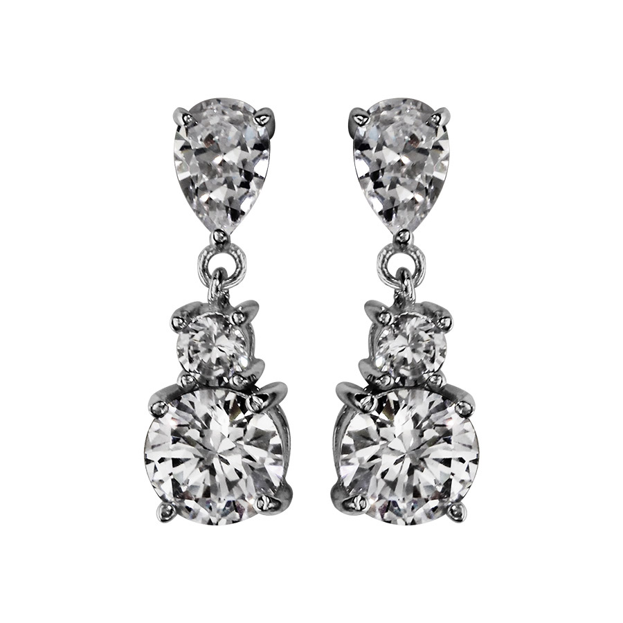 Boucles d’oreilles pendantes en argent rhodié oxyde blanc en forme de goutte avec oxyde suspendu et fermoir poussette
