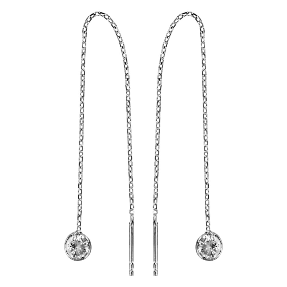 Boucles d’oreilles passantes en argent rhodié chaînette avec oxyde blanc à 1 extrémité et baguette à l’autre