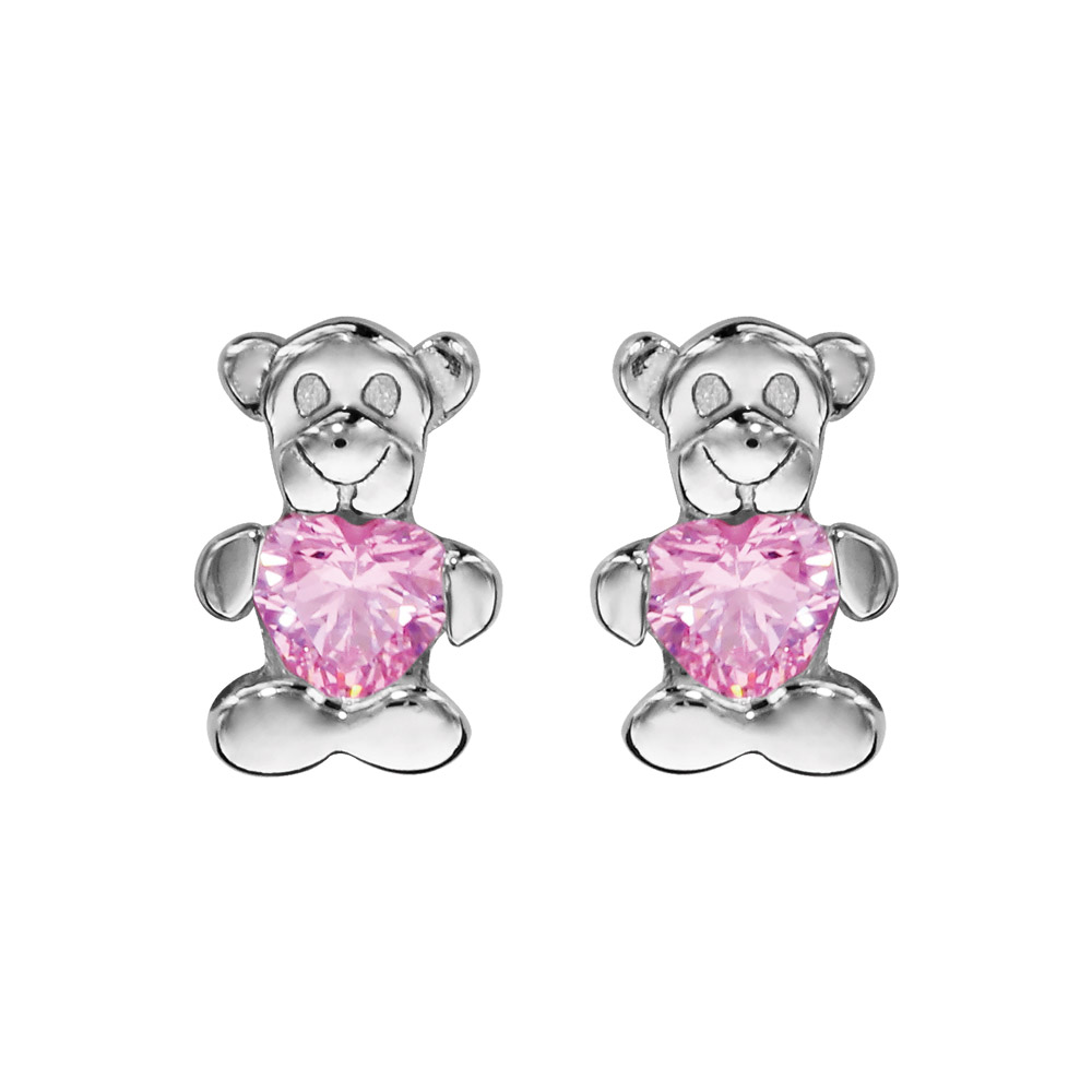 Boucles d’oreilles pour enfant en argent rhodié ourson tenant 1 oxyde rose et fermoir poussette
