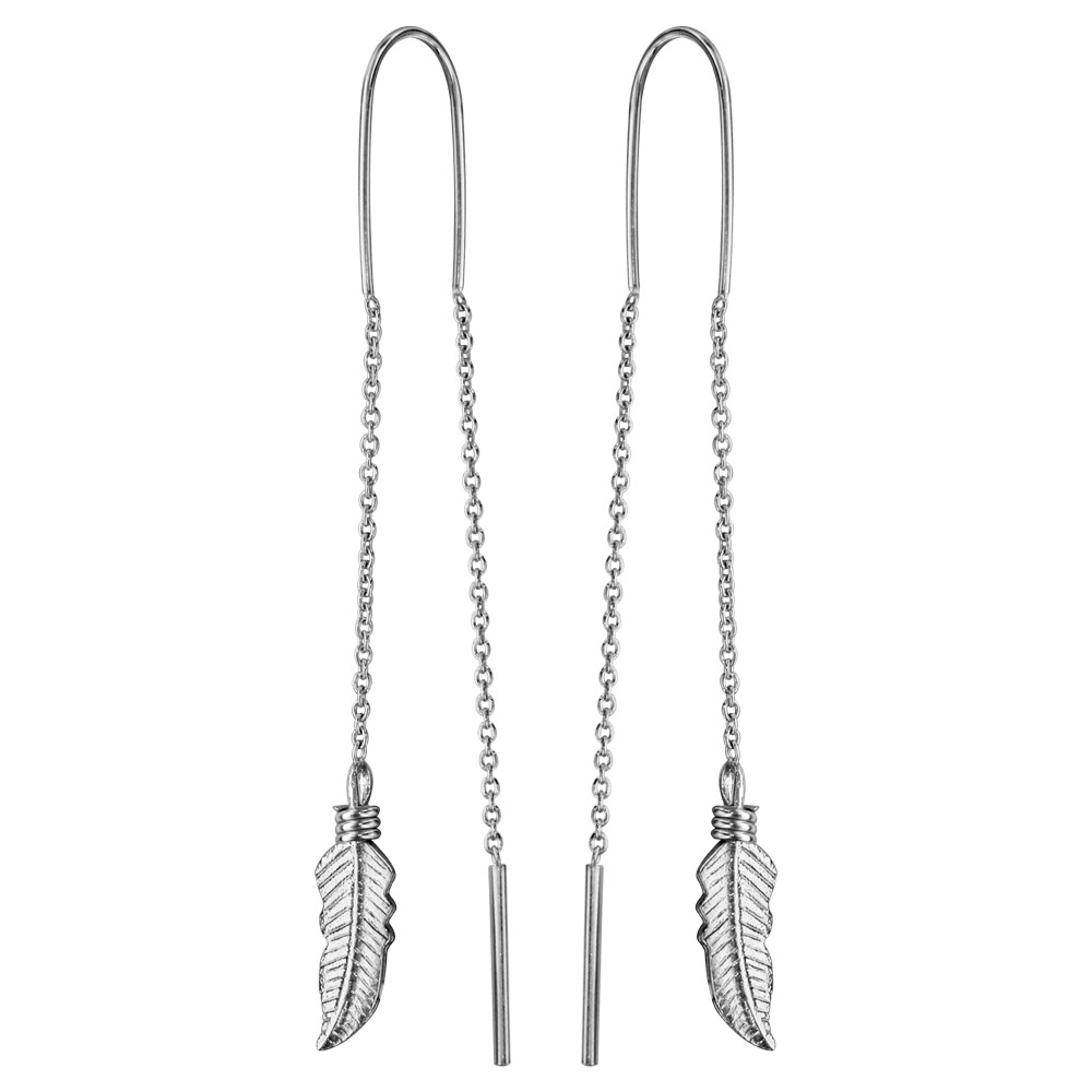 Boucles d’oreilles passantes en argent rhodié avec plume à 1 extrémité et baguette à l’autre